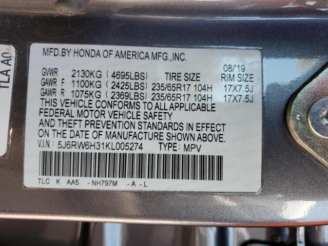 2019 Honda Cr-V Lx VIN: 5J6RW6H31KL005274 Lot: 53127564