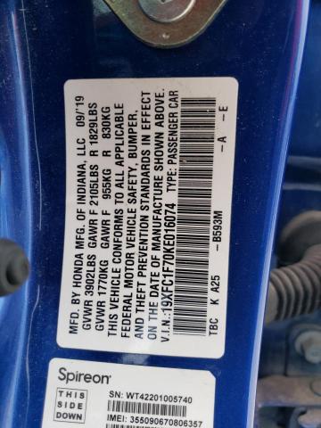 2019 Honda Civic Exl VIN: 19XFC1F70KE016074 Lot: 54015224