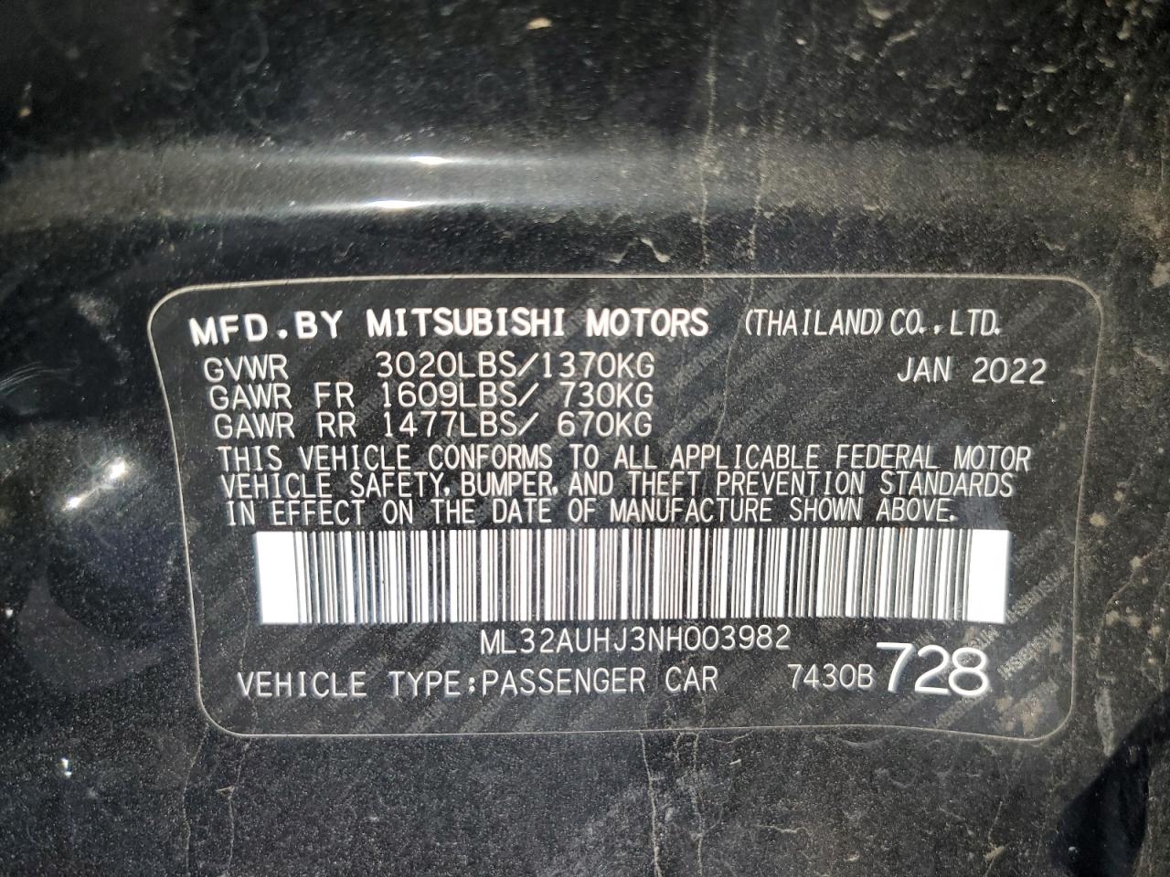 ML32AUHJ3NH003982 2022 Mitsubishi Mirage Es