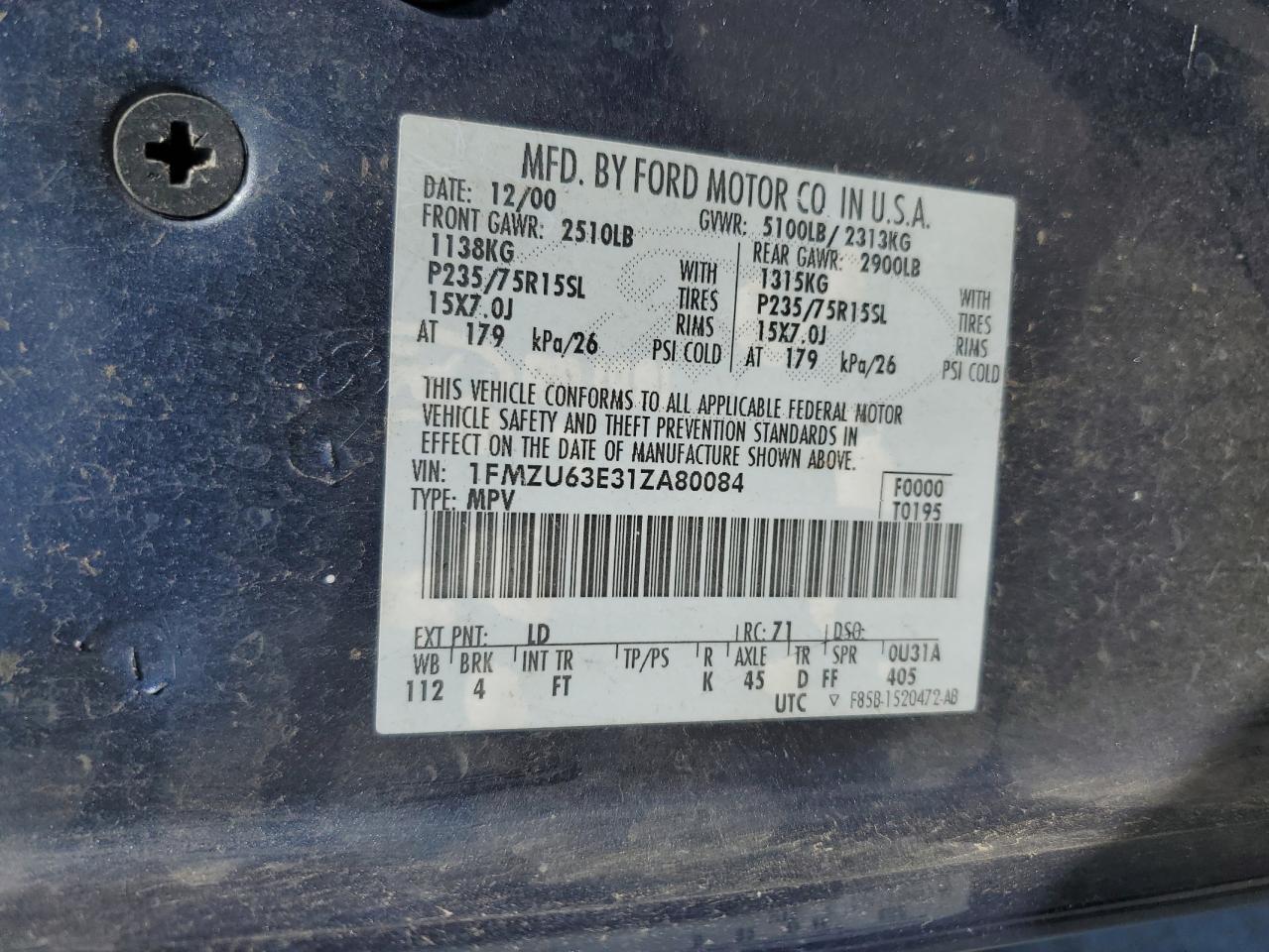 1FMZU63E31ZA80084 2001 Ford Explorer Xlt