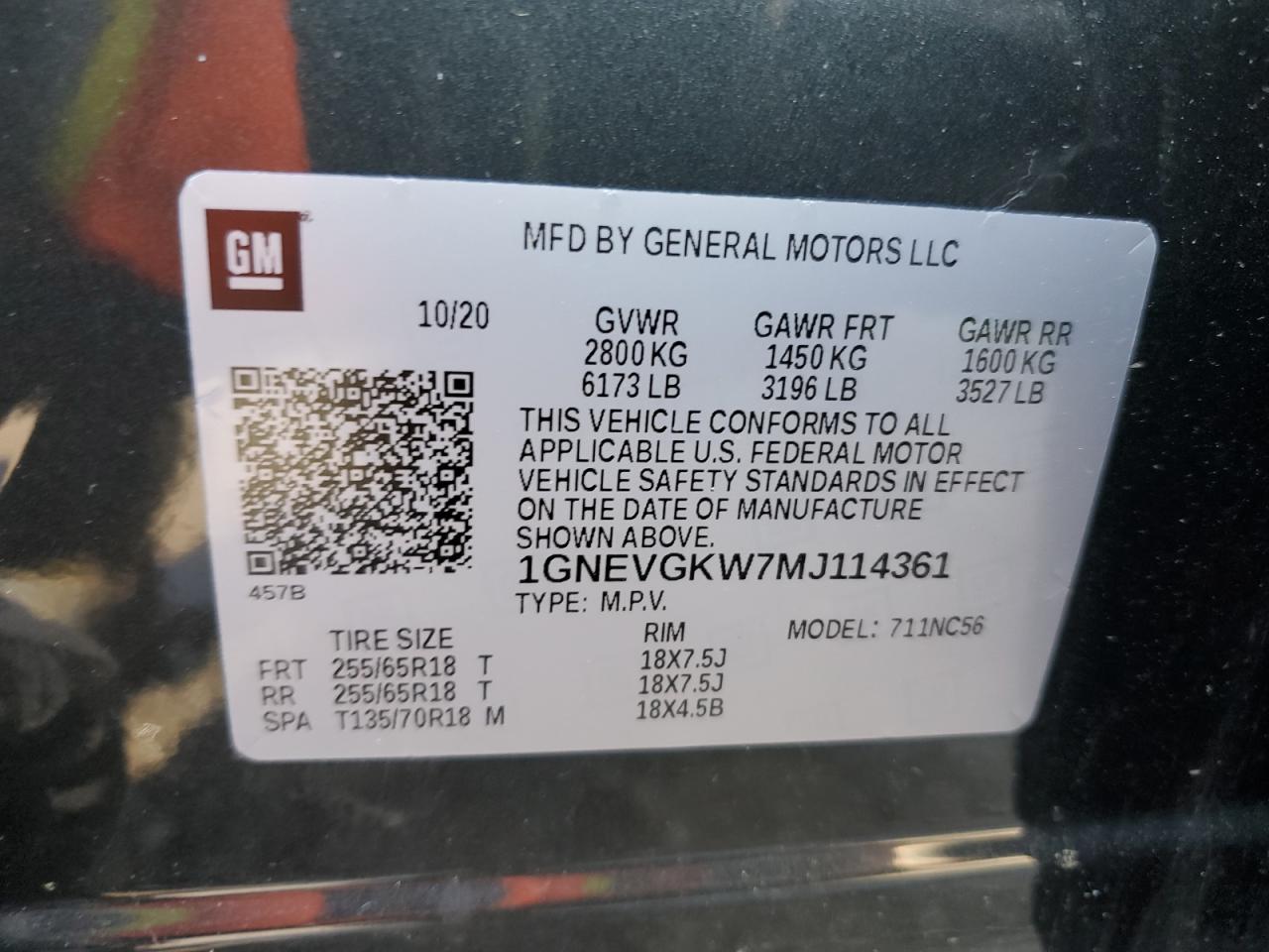 1GNEVGKW7MJ114361 2021 Chevrolet Traverse Lt