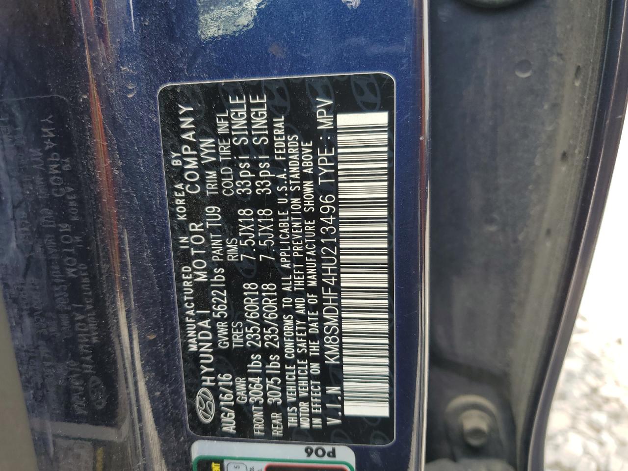 KM8SMDHF4HU213496 2017 Hyundai Santa Fe Se