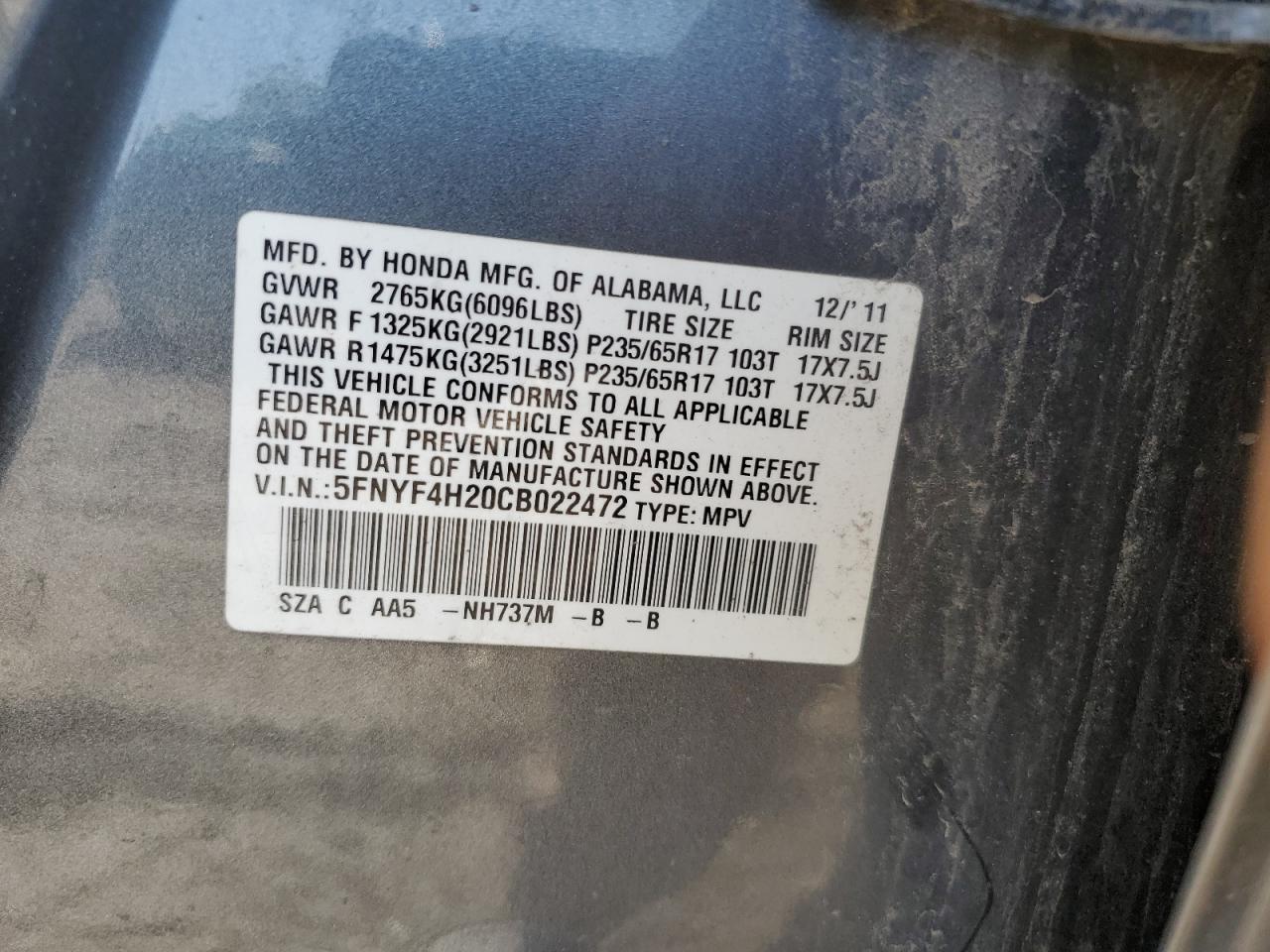 5FNYF4H20CB022472 2012 Honda Pilot Lx