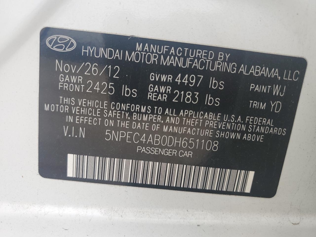 5NPEC4AB0DH651108 2013 Hyundai Sonata Se