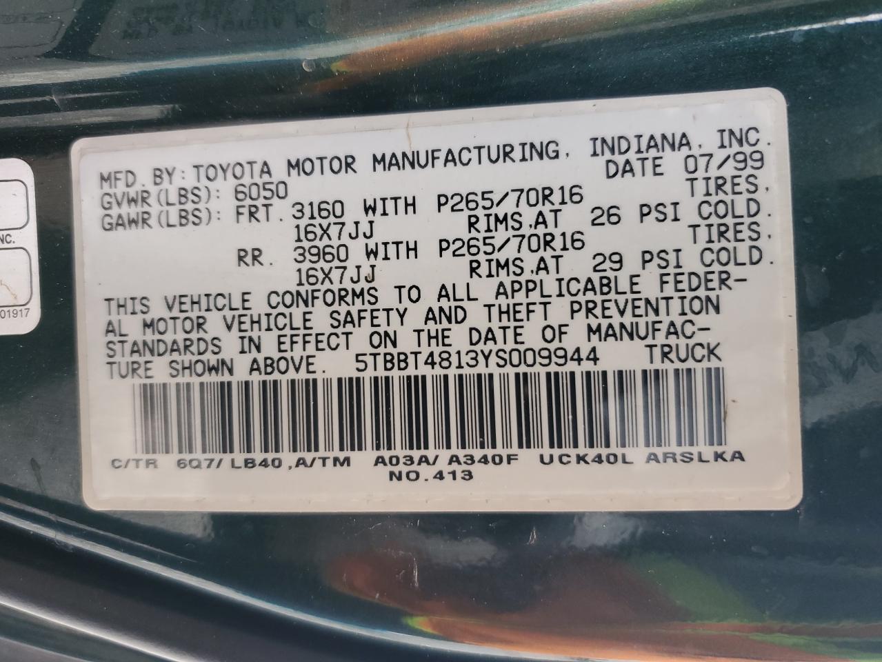 5TBBT4813YS009944 2000 Toyota Tundra Access Cab Limited