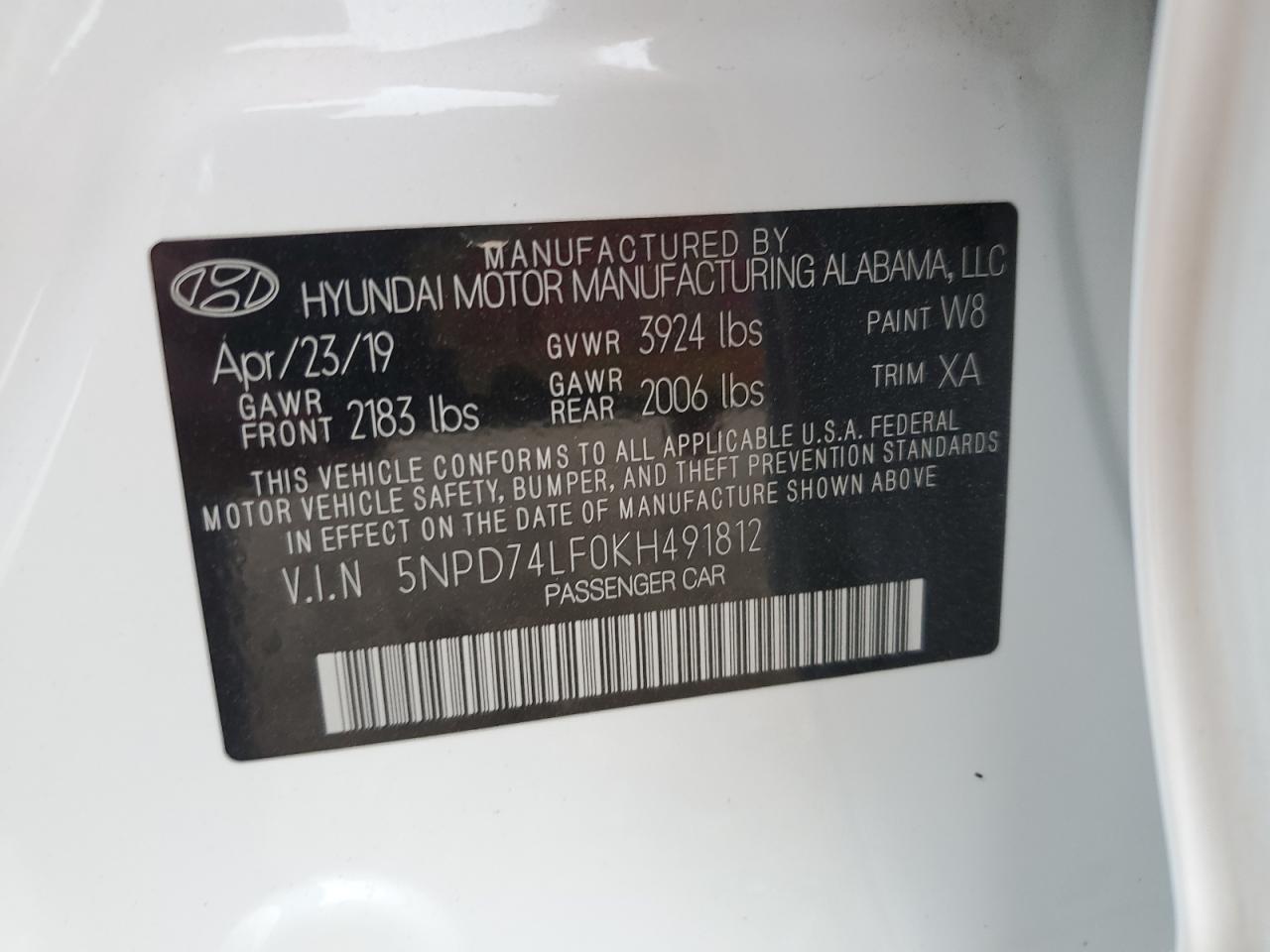 5NPD74LF0KH491812 2019 Hyundai Elantra Se