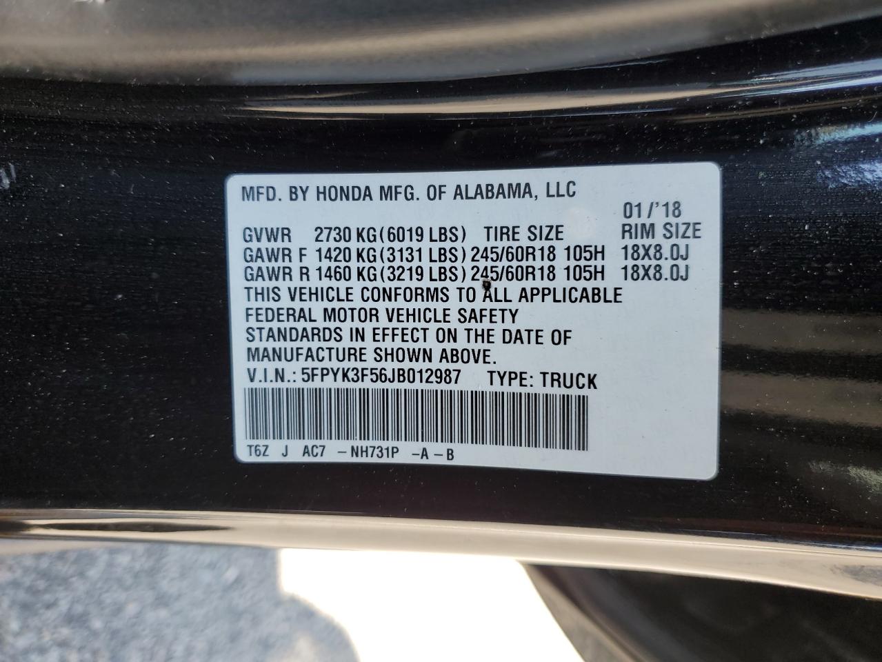 5FPYK3F56JB012987 2018 Honda Ridgeline Rtl