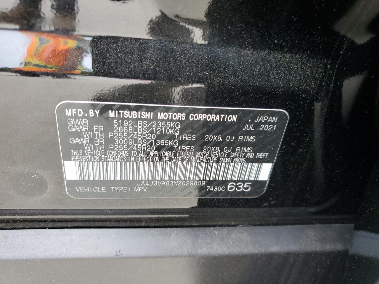 2022 Mitsubishi Outlander Sel vin: JA4J3VA83NZ029809