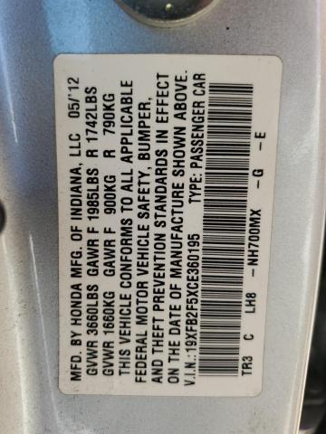 2012 Honda Civic Lx VIN: 19XFB2F5XCE360195 Lot: 54220674