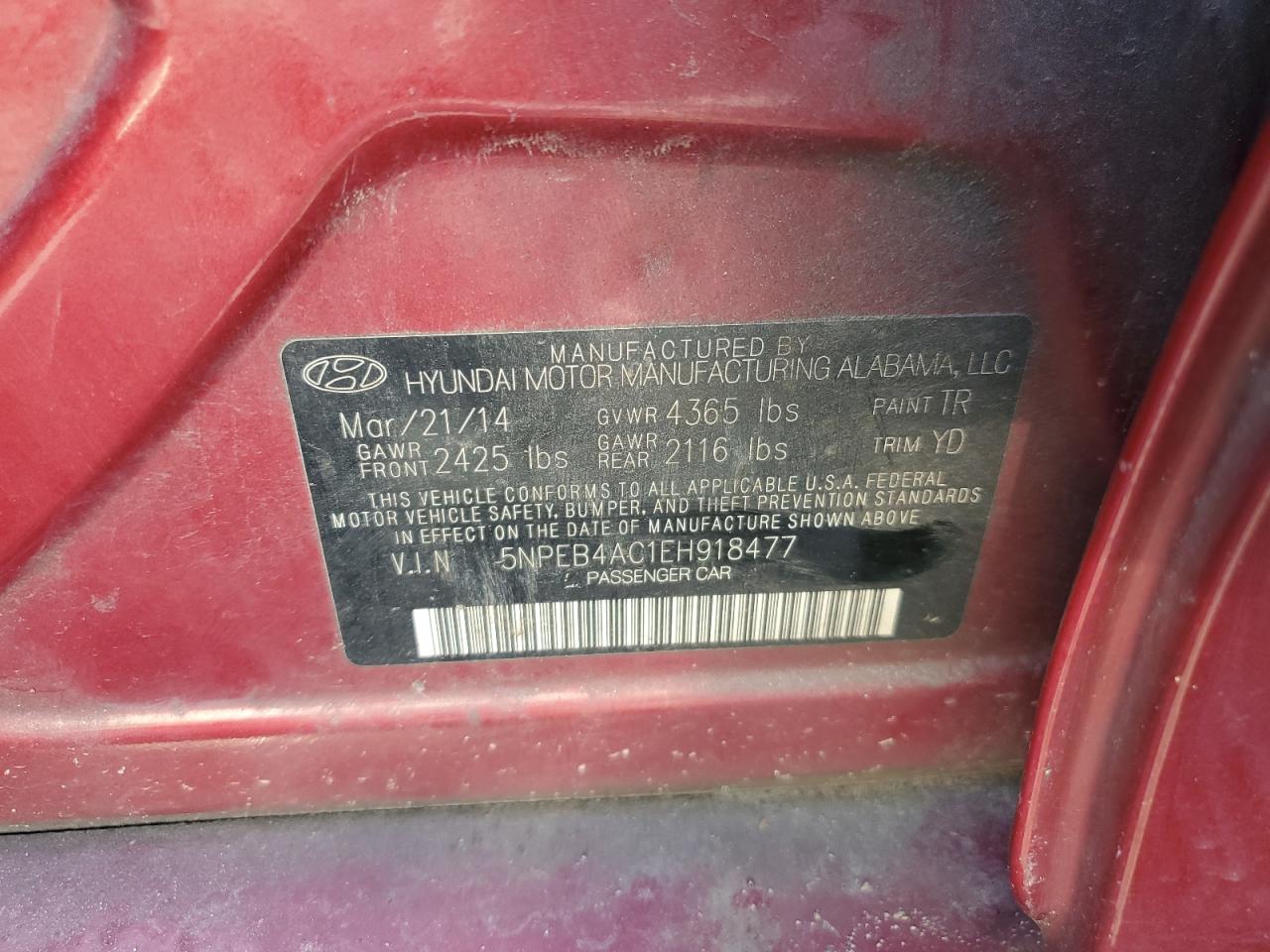 5NPEB4AC1EH918477 2014 Hyundai Sonata Gls