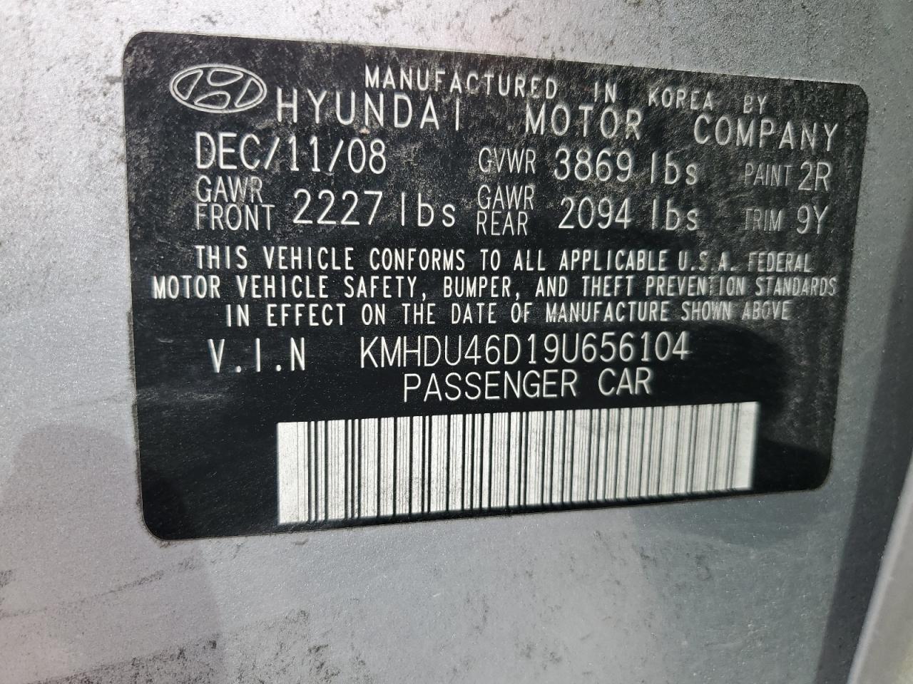 KMHDU46D19U656104 2009 Hyundai Elantra Gls