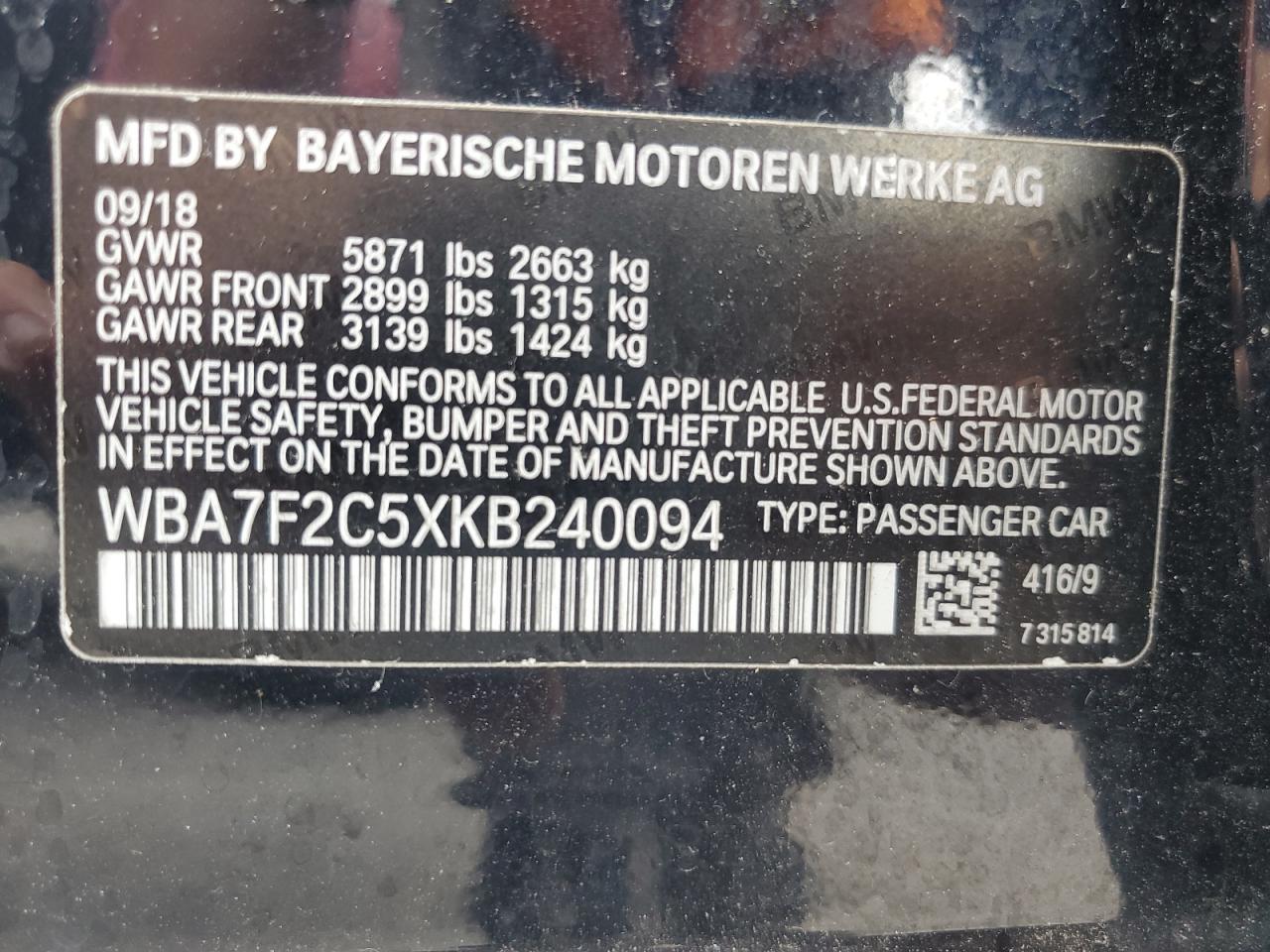 WBA7F2C5XKB240094 2019 BMW 750 Xi