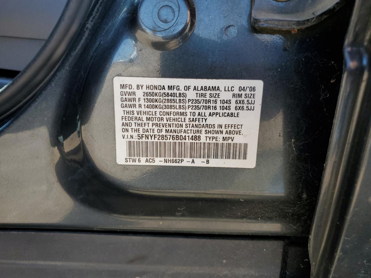 5FNYF28576B041488 2006 Honda Pilot Ex