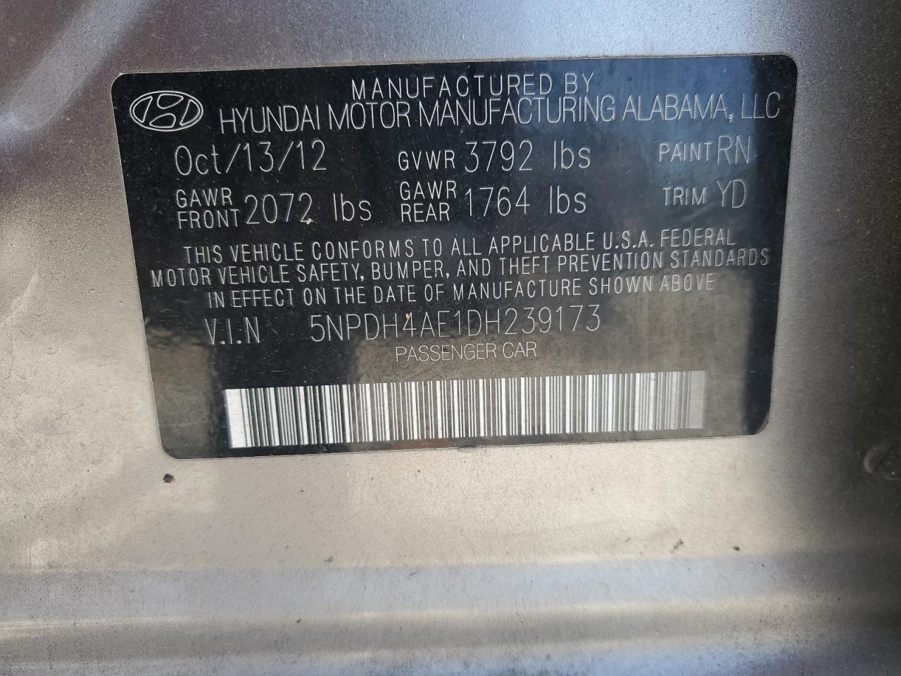 5NPDH4AE1DH239173 2013 Hyundai Elantra Gls