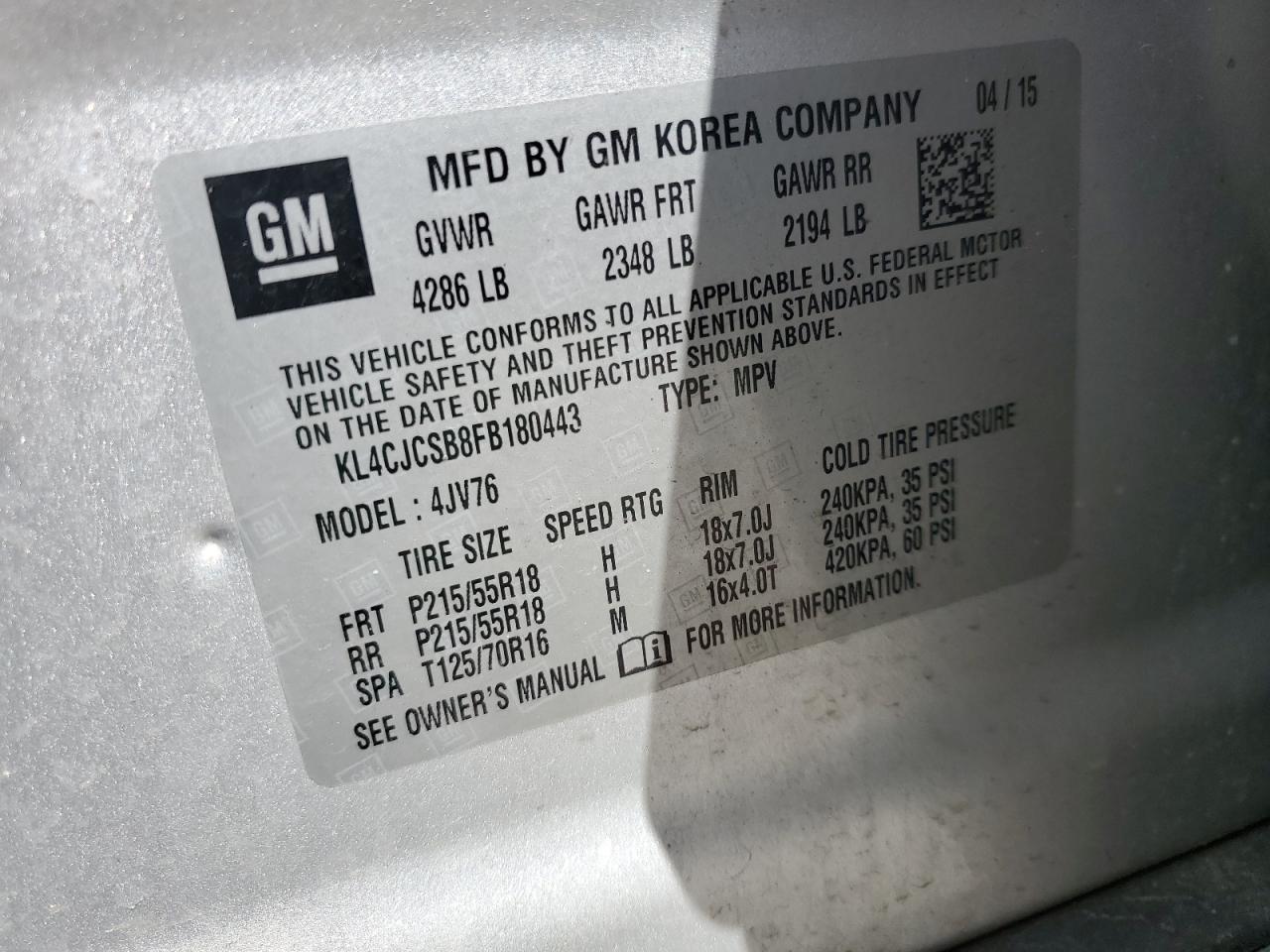 KL4CJCSB8FB180443 2015 Buick Encore