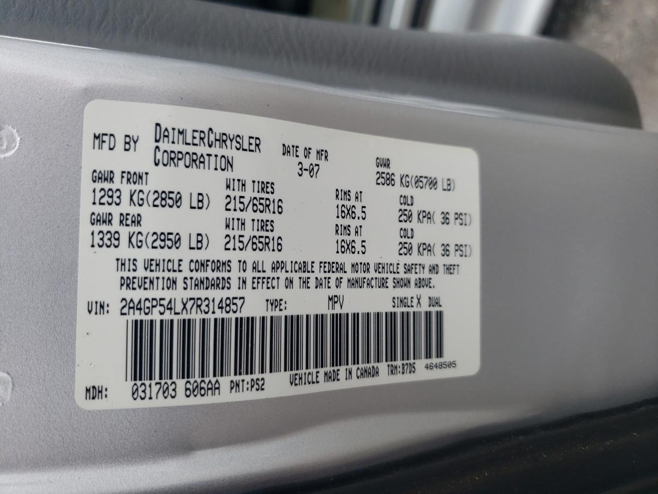 2A4GP54LX7R314857 2007 Chrysler Town & Country Touring