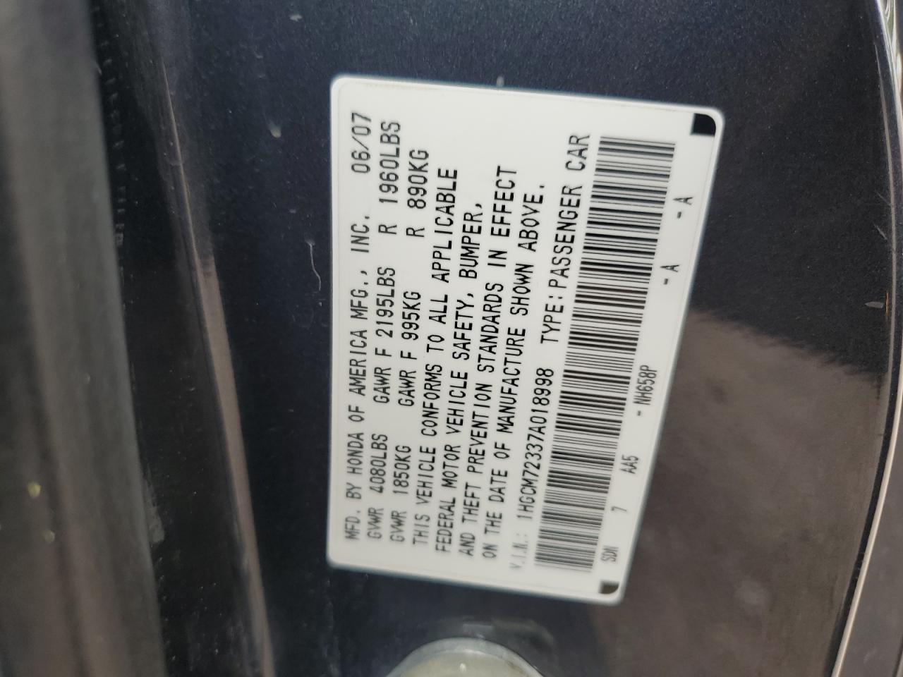 1HGCM72337A018998 2007 Honda Accord Lx