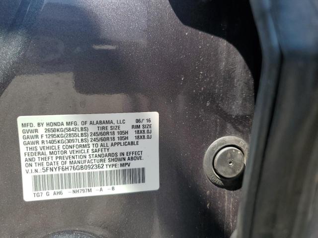 2016 Honda Pilot Exln VIN: 5FNYF6H76GB092362 Lot: 55882364