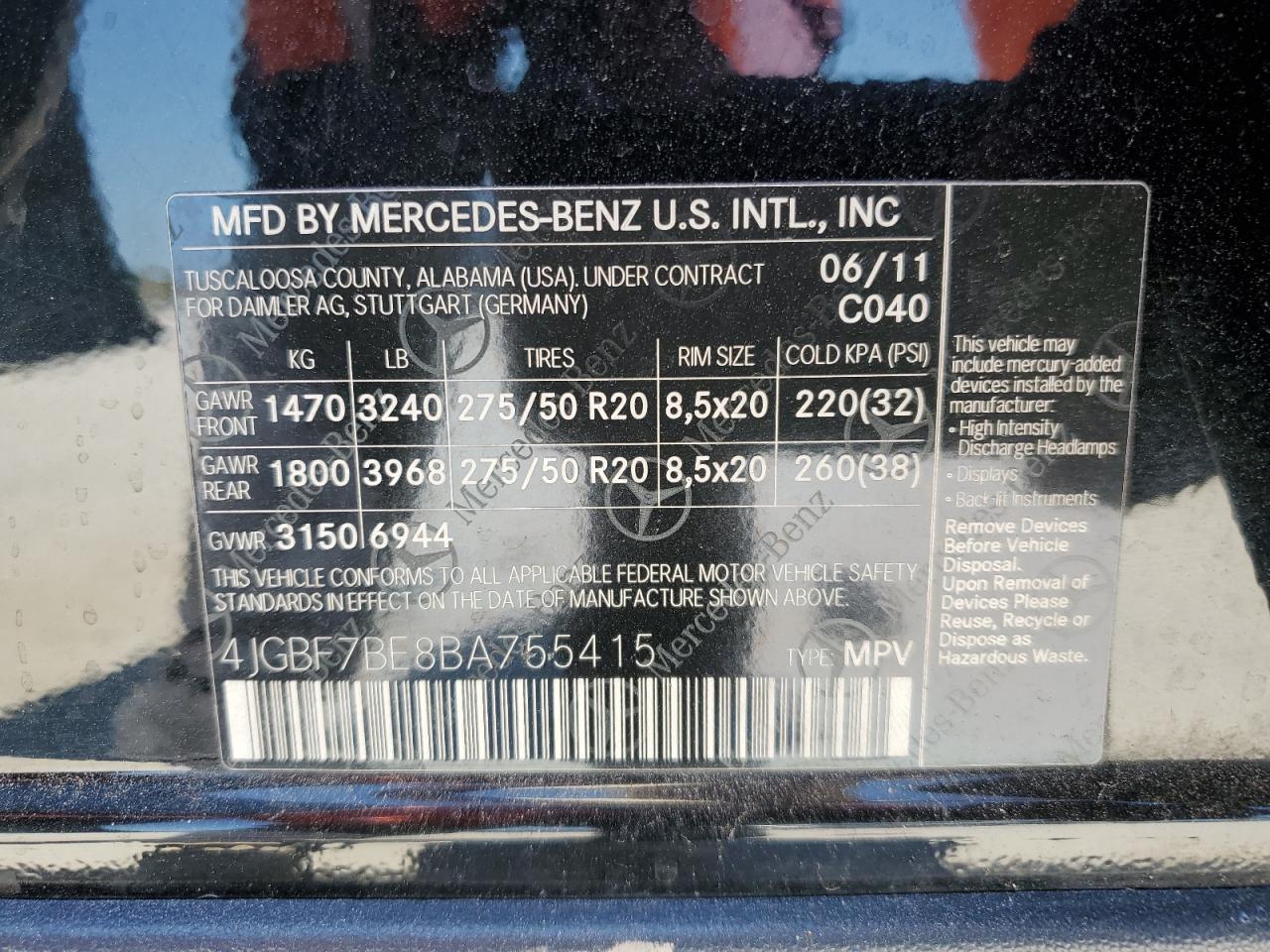 4JGBF7BE8BA755415 2011 Mercedes-Benz Gl 450 4Matic