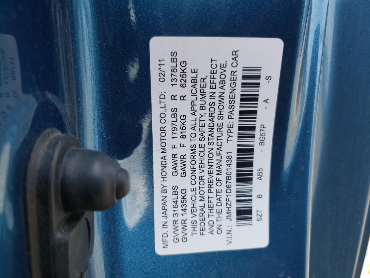 JHMZF1D67BS014381 2011 Honda Cr-Z Ex