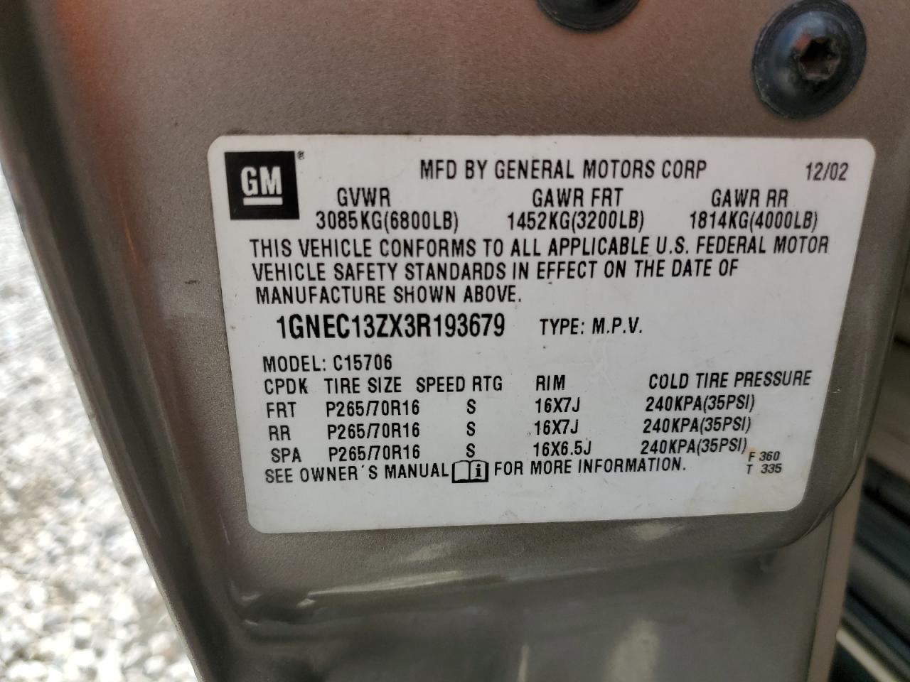 1GNEC13ZX3R193679 2003 Chevrolet Tahoe C1500