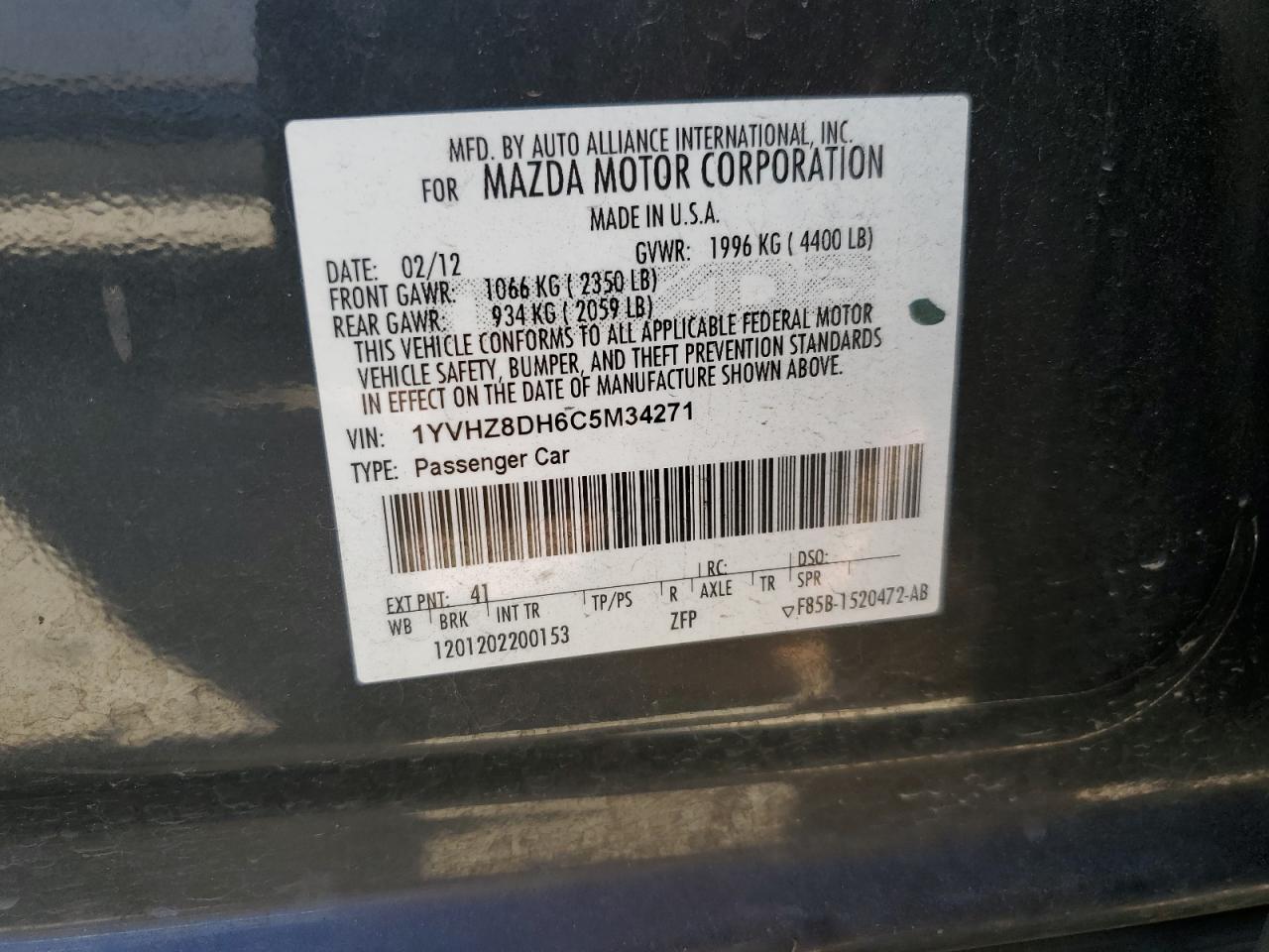 1YVHZ8DH6C5M34271 2012 Mazda 6 I