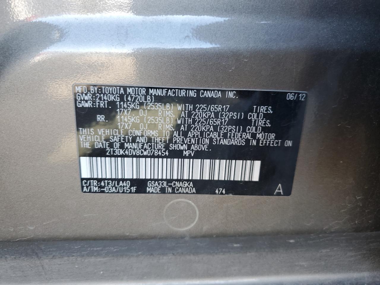 2T3DK4DV8CW078454 2012 Toyota Rav4 Limited