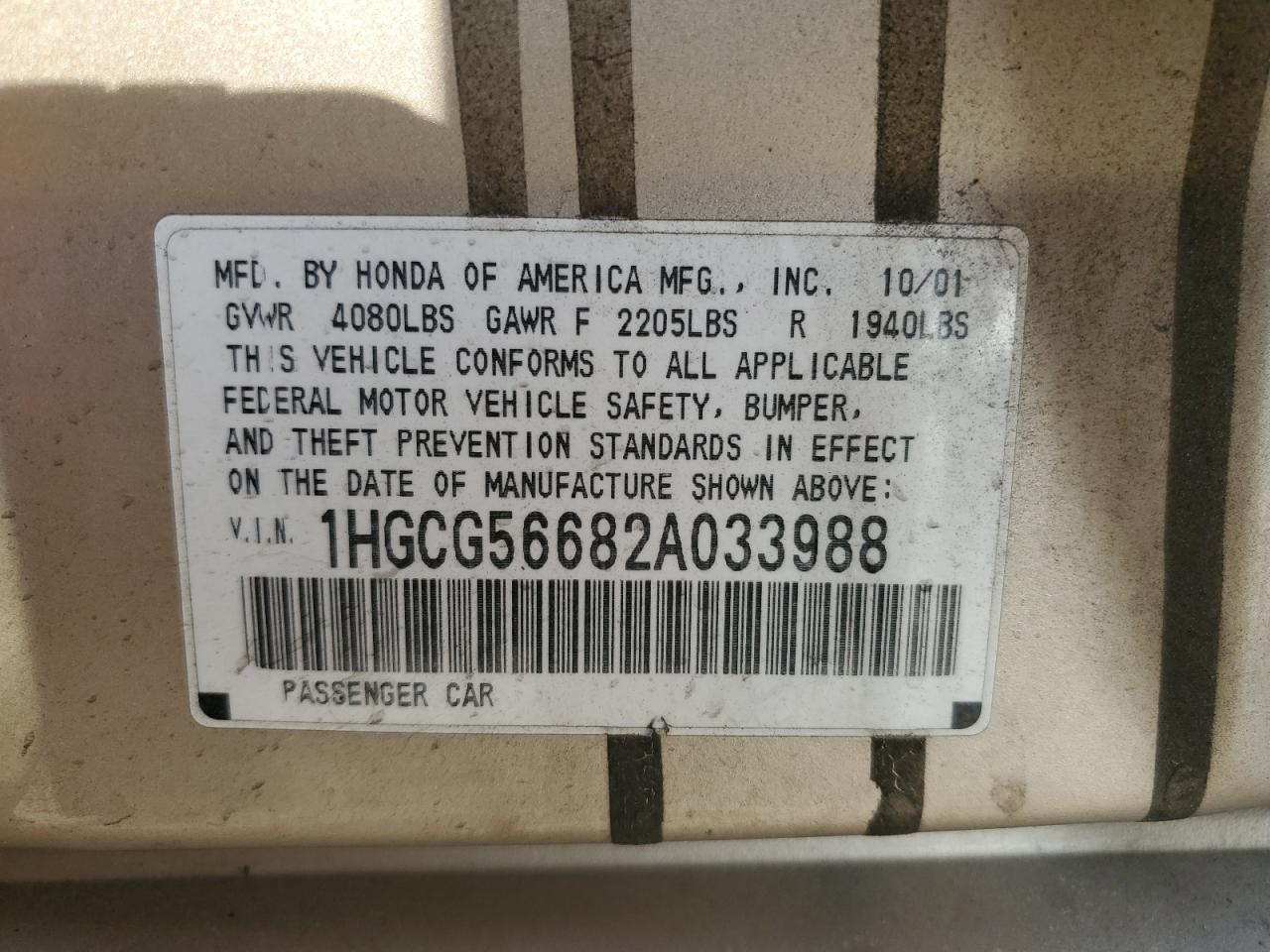 1HGCG56682A033988 2002 Honda Accord Ex