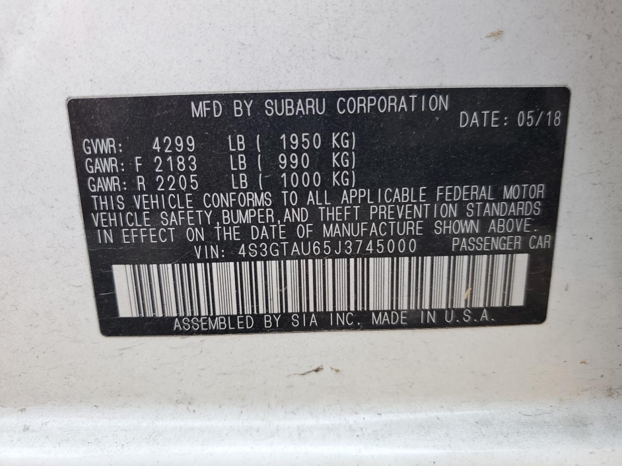 4S3GTAU65J3745000 2018 Subaru Impreza Limited