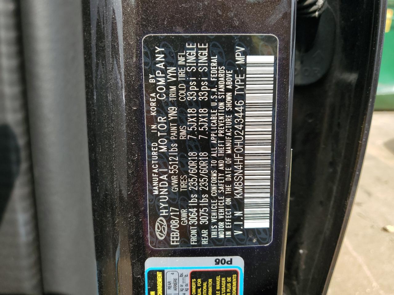 KM8SN4HF0HU243446 2017 Hyundai Santa Fe Se