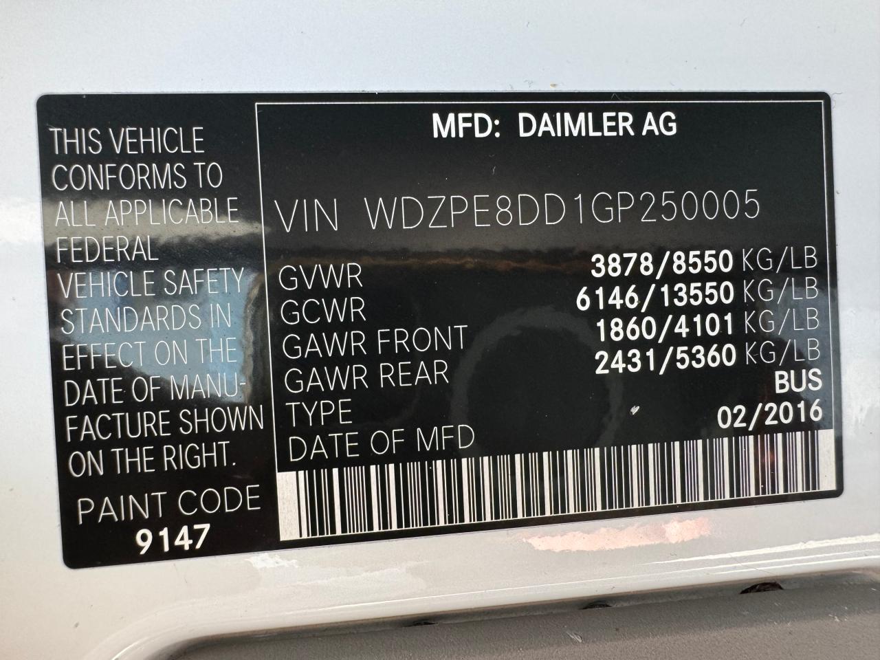 WDZPE8DD1GP250005 2016 Mercedes-Benz Sprinter 2500