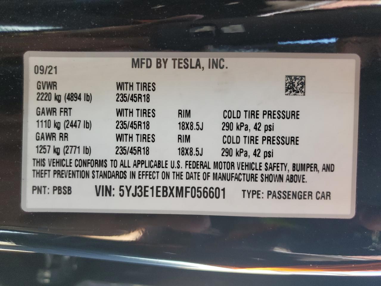 5YJ3E1EBXMF056601 2021 Tesla Model 3