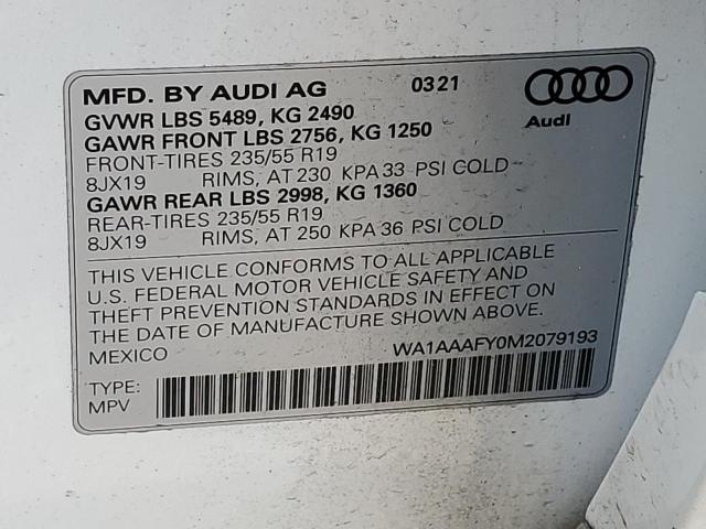 2021 Audi Q5 Premium VIN: WA1AAAFY0M2079193 Lot: 56500344