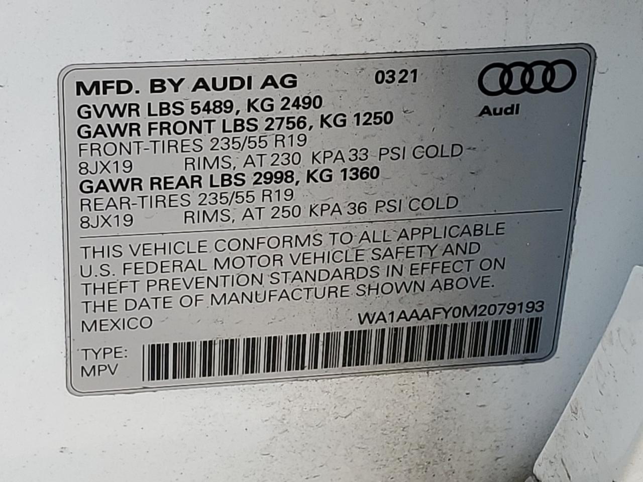 WA1AAAFY0M2079193 2021 Audi Q5 Premium