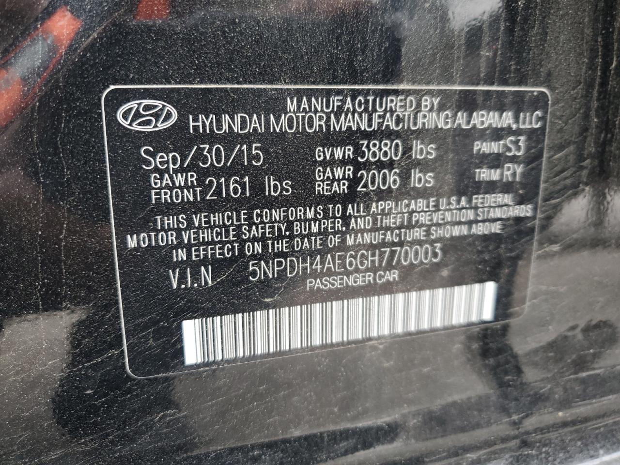 5NPDH4AE6GH770003 2016 Hyundai Elantra Se