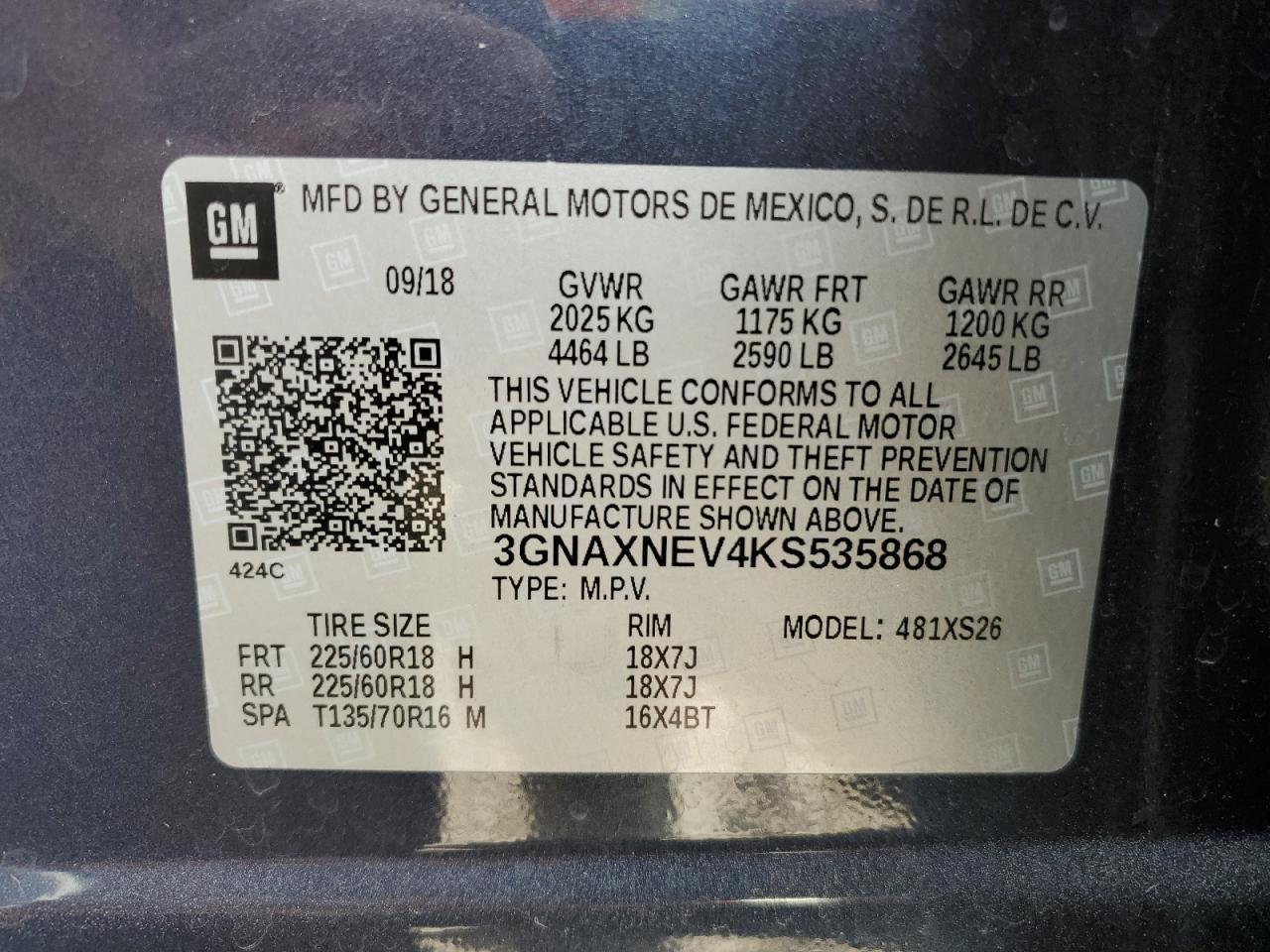 3GNAXNEV4KS535868 2019 Chevrolet Equinox Premier