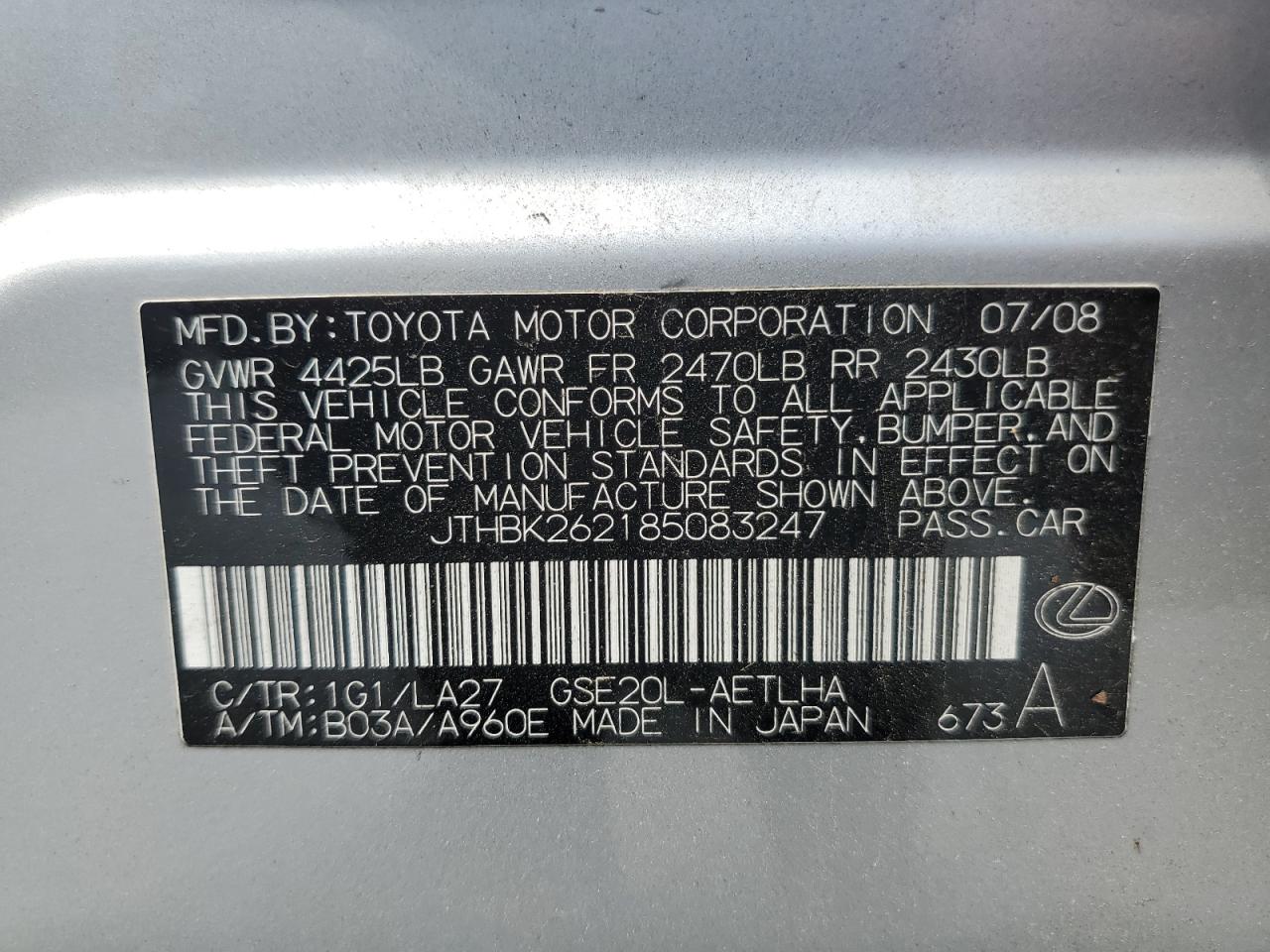 JTHBK262185083247 2008 Lexus Is 250