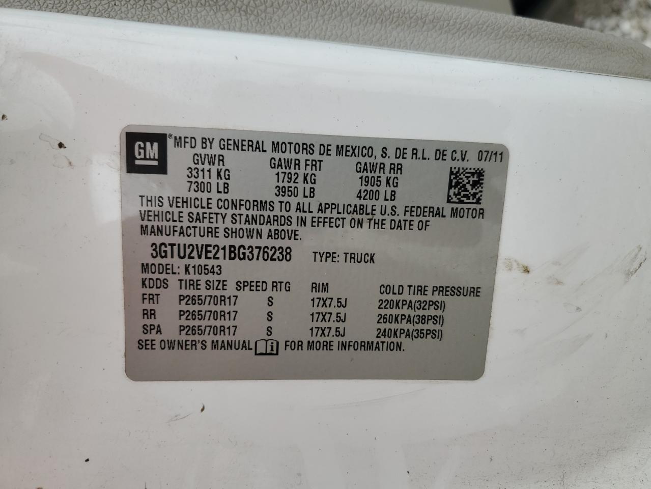 3GTU2VE21BG376238 2011 GMC Sierra K1500 Sle