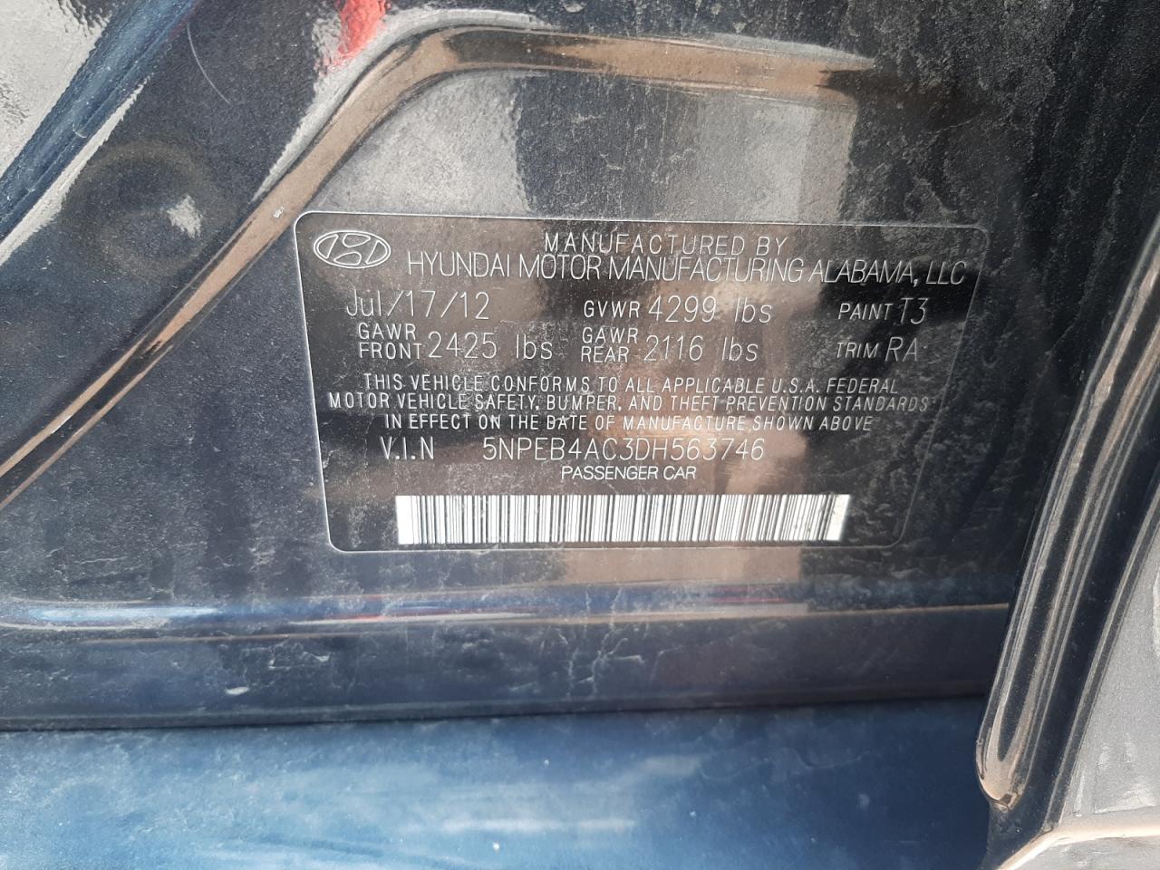 5NPEB4AC3DH563746 2013 Hyundai Sonata Gls