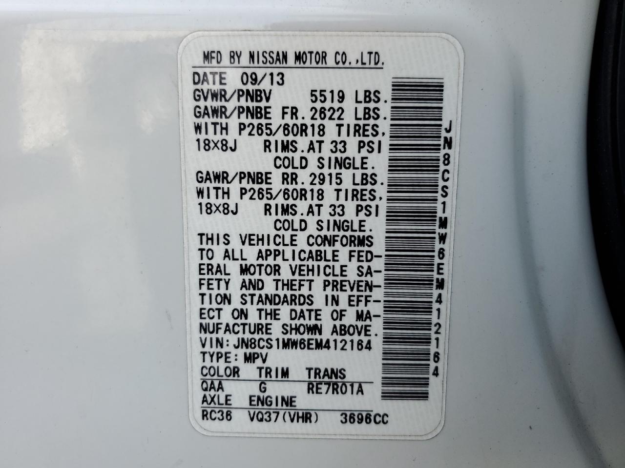 JN8CS1MW6EM412164 2014 Infiniti Qx70