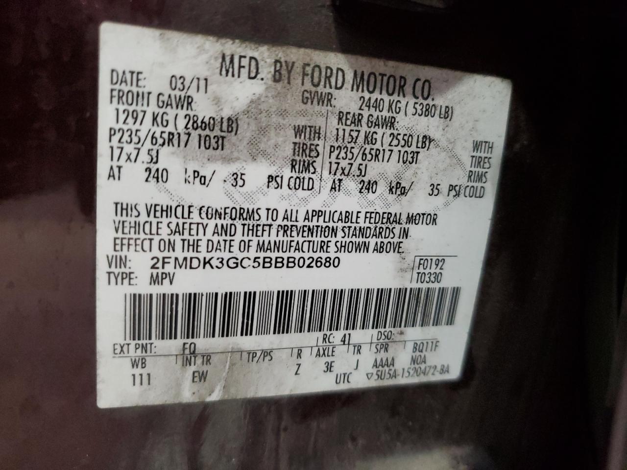 2FMDK3GC5BBB02680 2011 Ford Edge Se