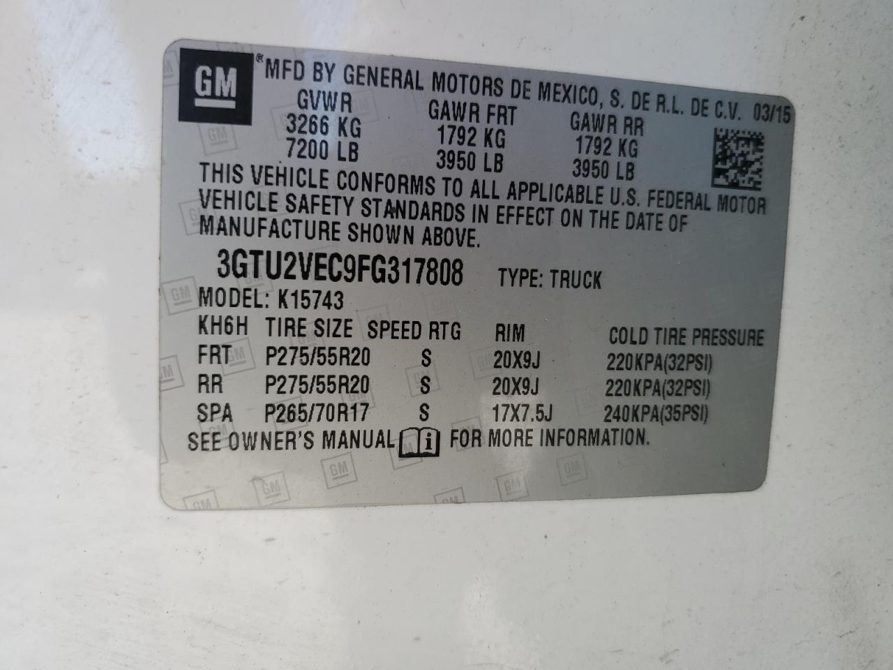 3GTU2VEC9FG317808 2015 GMC Sierra K1500 Slt