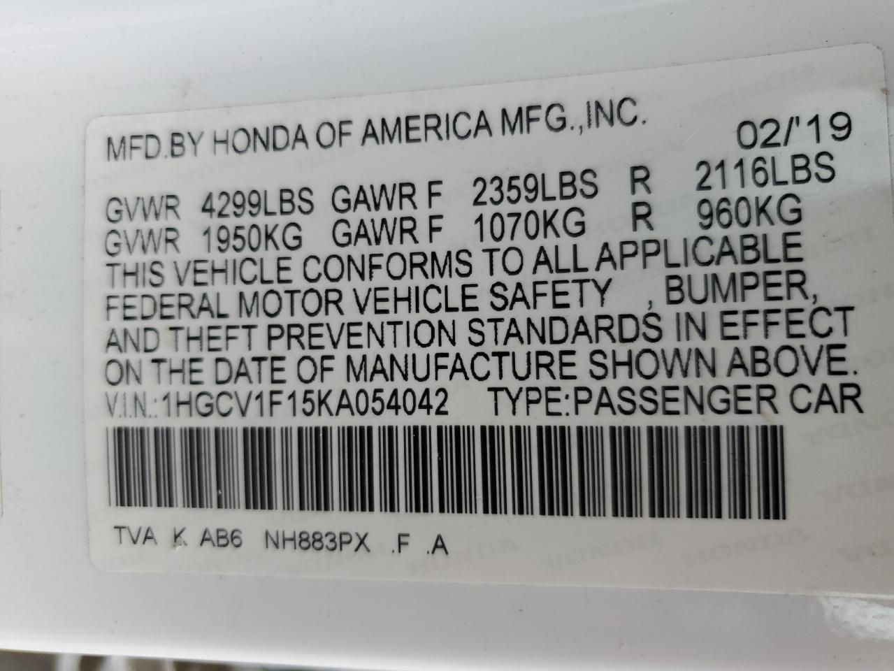 2019 Honda Accord Lx vin: 1HGCV1F15KA054042