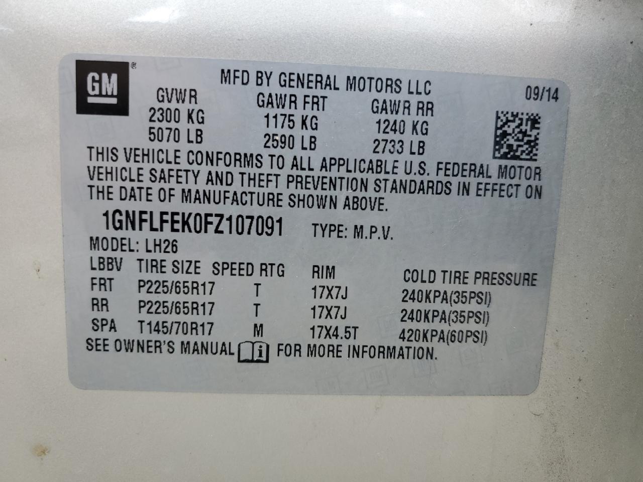 1GNFLFEK0FZ107091 2015 Chevrolet Equinox Lt