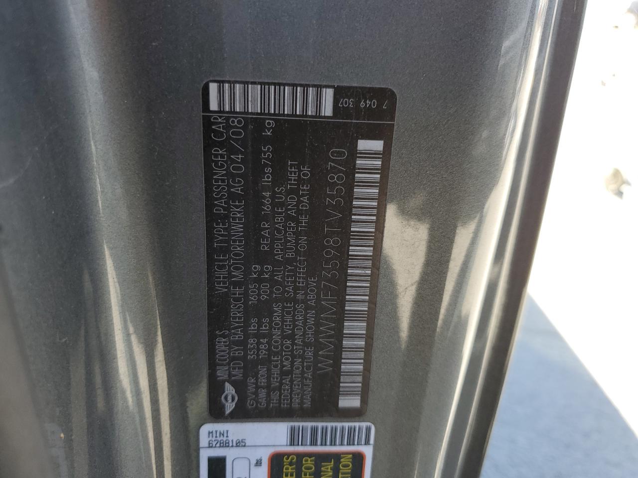 WMWMF73598TV35870 2008 Mini Cooper S
