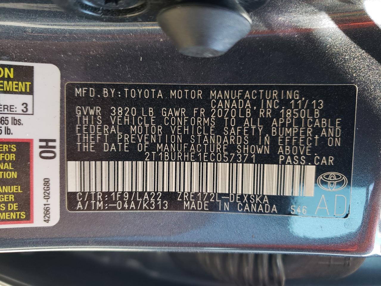 2T1BURHE1EC057371 2014 Toyota Corolla L