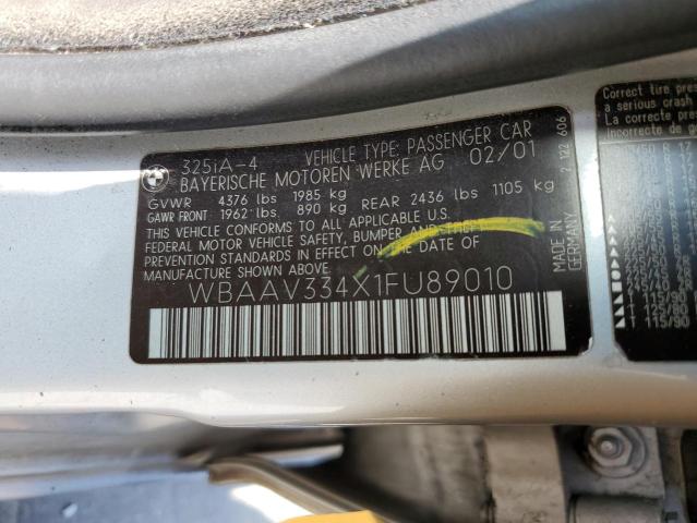2001 BMW 325 I VIN: WBAAV334X1FU89010 Lot: 56344694