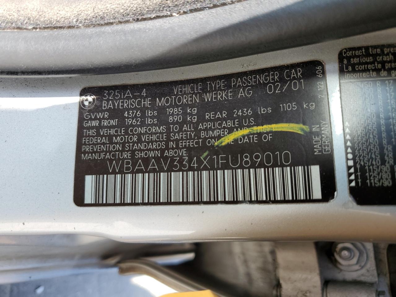 WBAAV334X1FU89010 2001 BMW 325 I