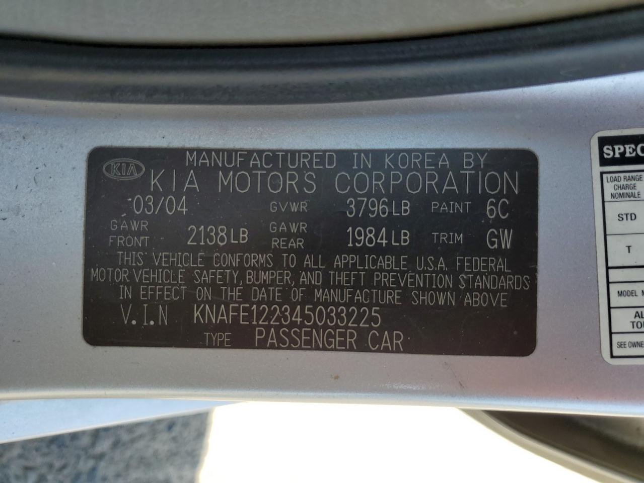 KNAFE122345033225 2004 Kia Spectra Lx