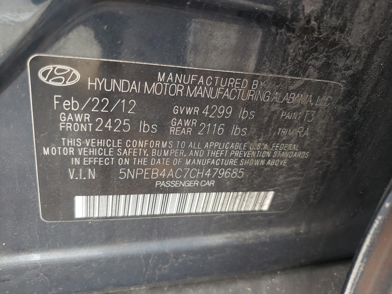 5NPEB4AC7CH479685 2012 Hyundai Sonata Gls